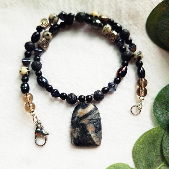 Beaded Jasper Pendant Necklace, Boho Grunge Necklace, Hippie Goth Choker - Picture 1 of 9